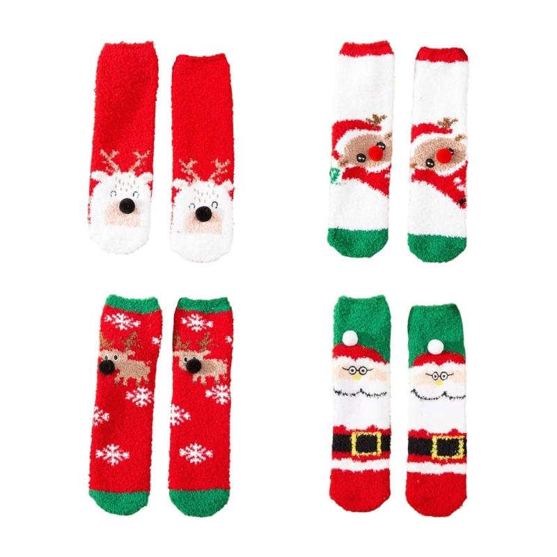 

4 Pairs Festive Thick Coral Velvets Floor Socks for Home Comfort Indoor Fuzzy Slipper Socks with Christmas Pattern Gift