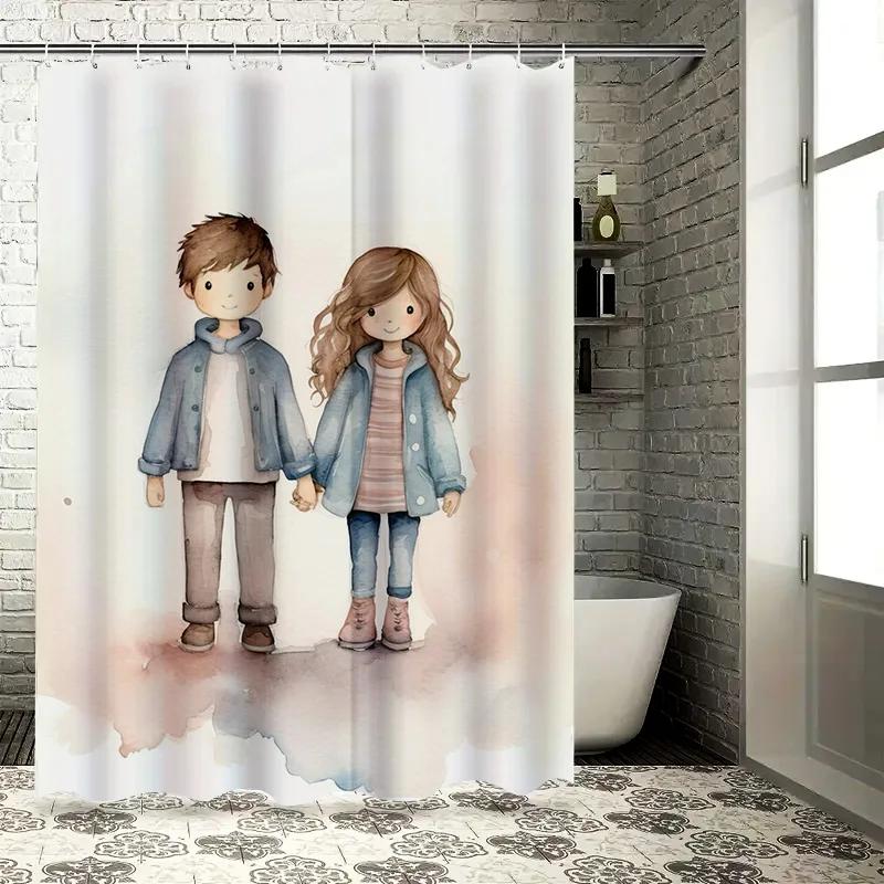 Simple and Elegant Cute Couple Shower Curtain - Watercolor Design, Waterproof & Mildew-Resistant for Bathroom Decor