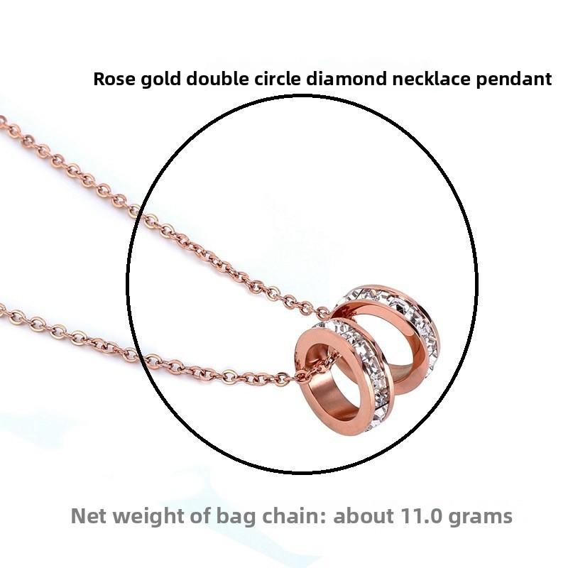 Rose Gold Double Ring Diamond Stainless Steel Necklace Pendant Sticky Diamond Pendant Bag Chain Titanium Steel Necklace Internet celebrity jewelry