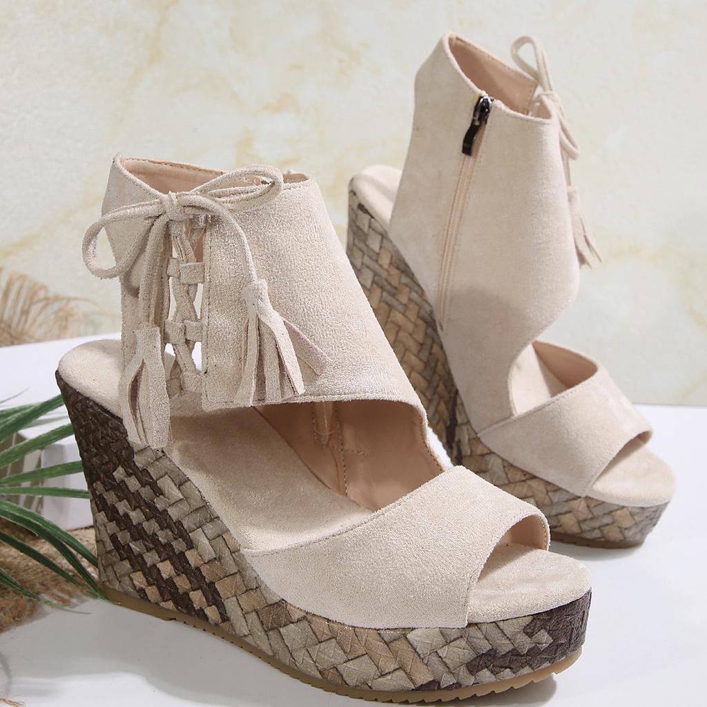 Large size European and American wedge heel sandals 22 spring and summer fringed high heel fish mouth thick sole muffin sole shoes