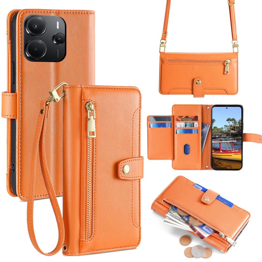 

Для Xiaomi Redmi Note 14 4G (164,84 мм) Шкіряний чохол-гаманець на блискавці з кишенею та чохол для телефону з 2 ремінцями Orange