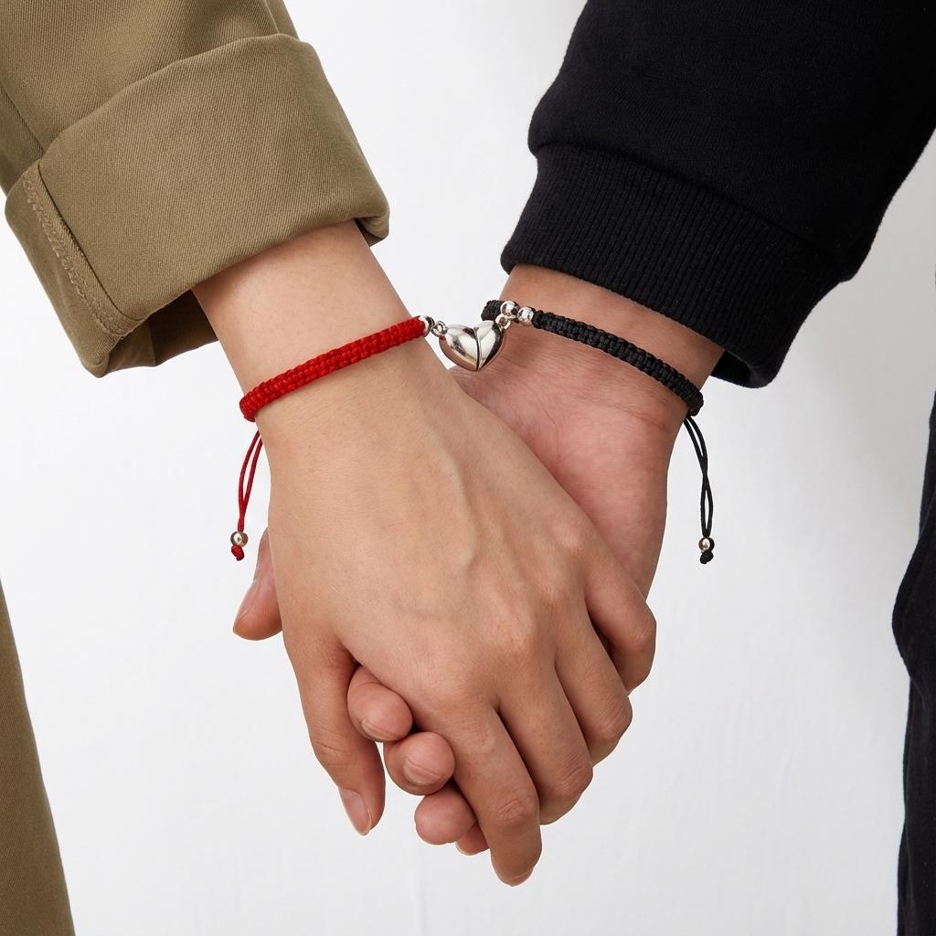2 Pcs Lucky Red Braided Rope Bracelet for Women Men Romantic Heart Magnetic Matching Bracelets Lovers Valentine's Day Zircon
