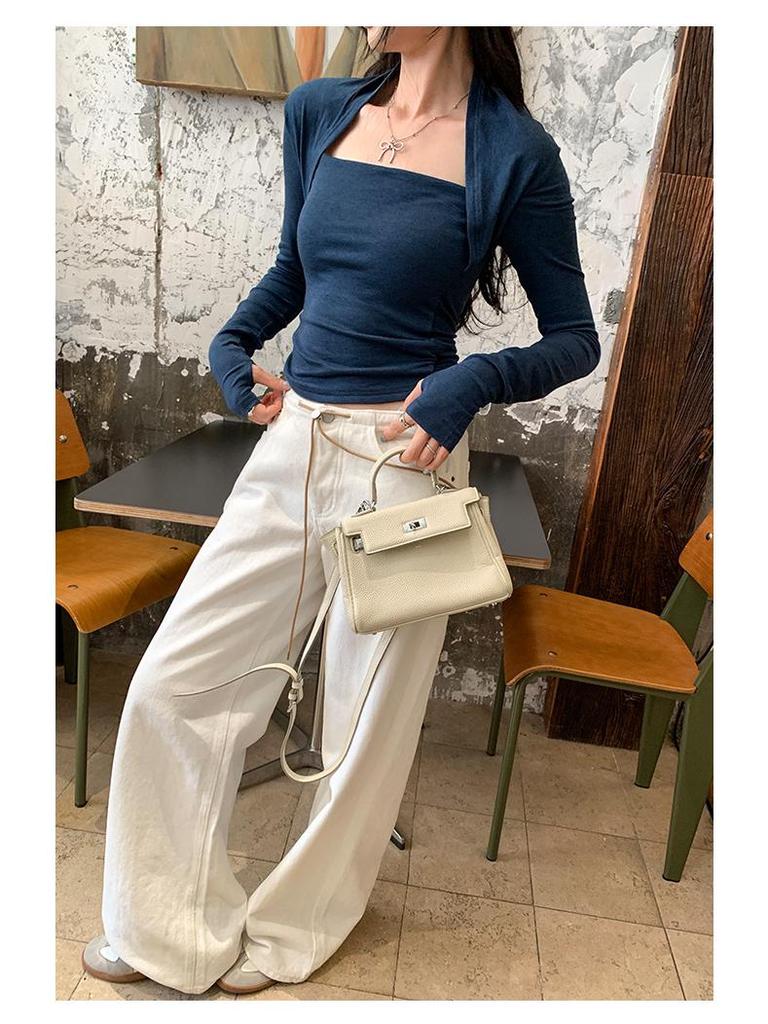 Women's European Tencel Wool Square Neck Long Sleeve Slim Fit Top - Autumn/Winter 2025