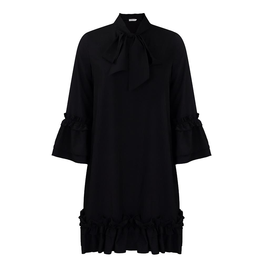C8570 European & American Plus Size Women's 2024 Ruffle Tie Dress with Stacked Sleeves - Solid Color, Elegant Style.