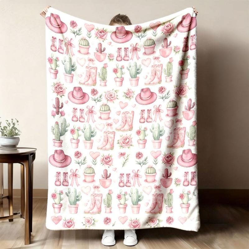 Pink Cowboy Boot Cactus Floral Print Throw Blanket,soft,lounge,bed,office,ideal for daily leisure,anniversary gifts