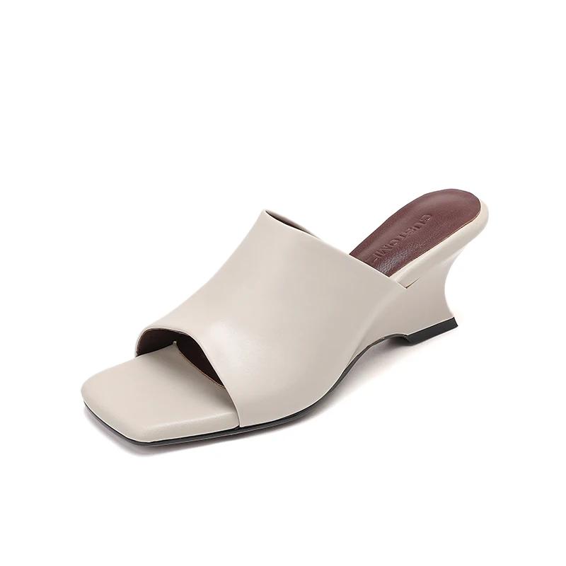 

Fashion 2025 New Summer Slippers Genuine Leather Women Shoes Fashion Peep Toe Ladies Shoes High Heels Slippers Sandals Modern Sliippers 34