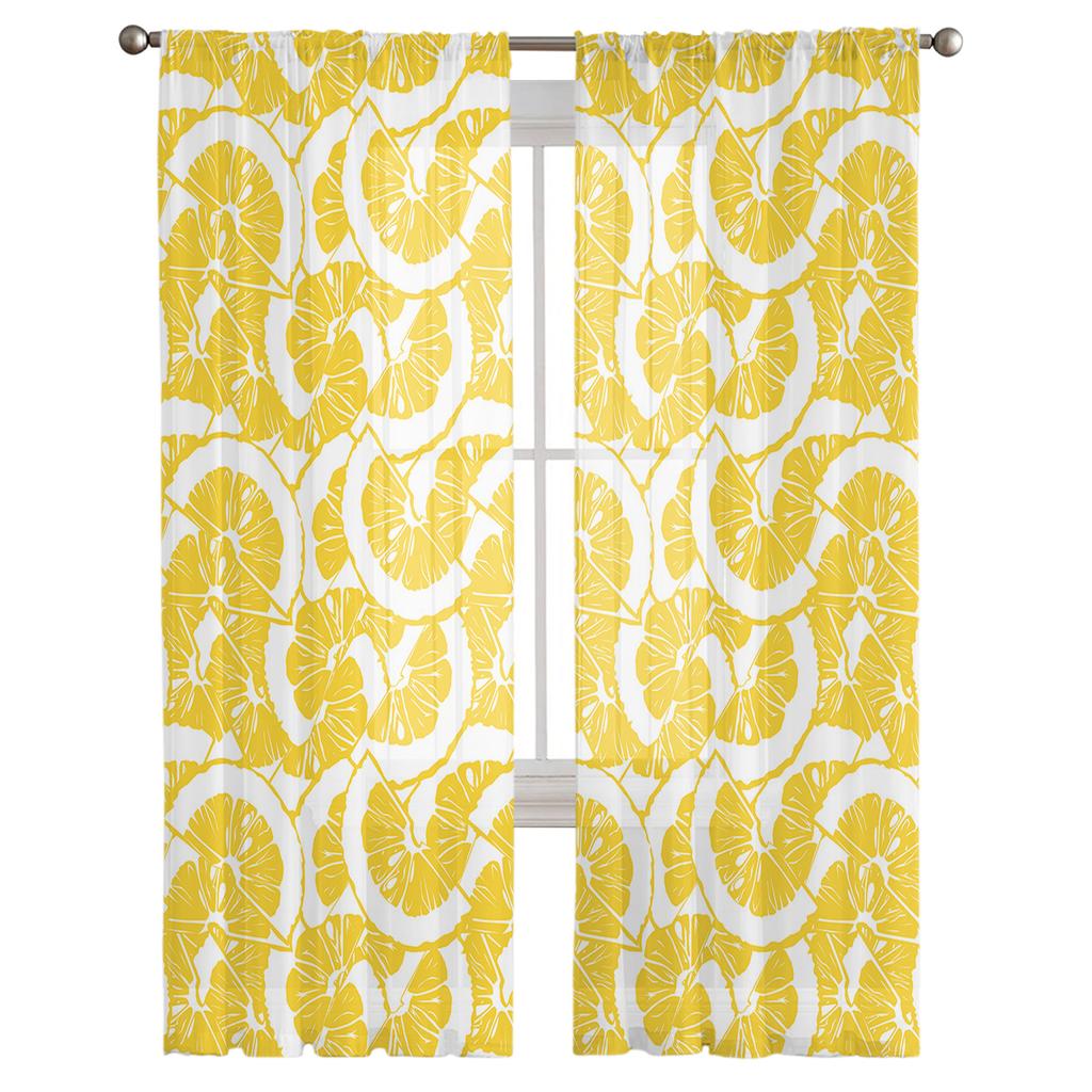 Summer Lemon Fruit Texture Tulle Curtains For Living Room Decoration Modern Chiffon Sheer Voile Kitchen Curtain