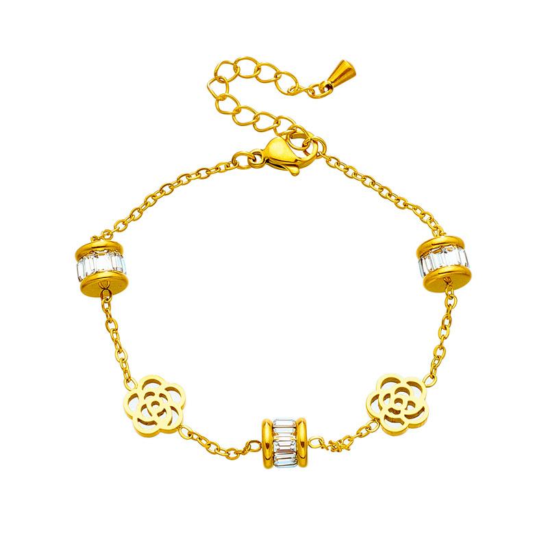 Bracciale Camelia Zircone Placcato Oro Acciaio Inossidabile