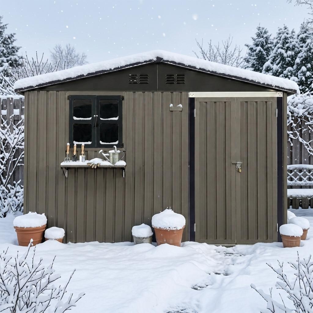 Brown Galvanized Steel Outdoor Tool Shed, Dimensions 295 × 243.6 cm (7.19 m²), with Openable Windows, Lockable Door and Flower Rack, Waterproof