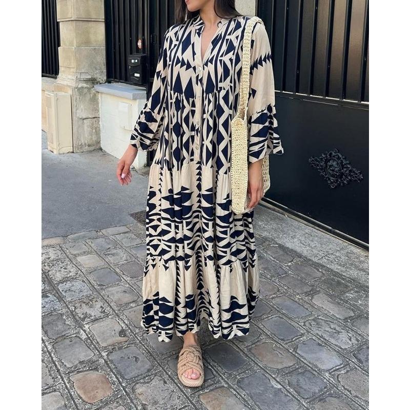 Women S Bohemian Printed Maxi Dress Plus Size Elegant Long Sleeve