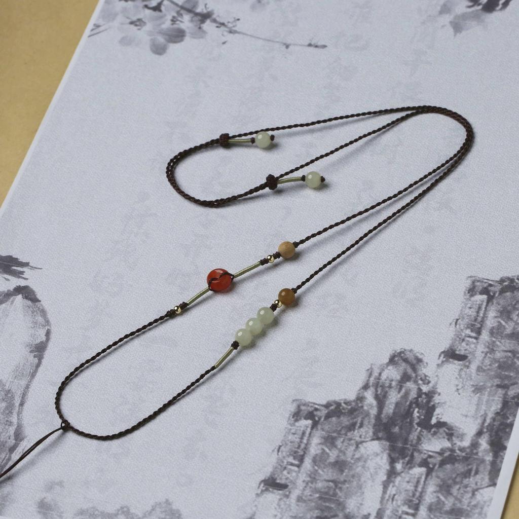 Refined Hand-Woven Hetian Jade Adjustable Necklace with Purely Handmade Cord