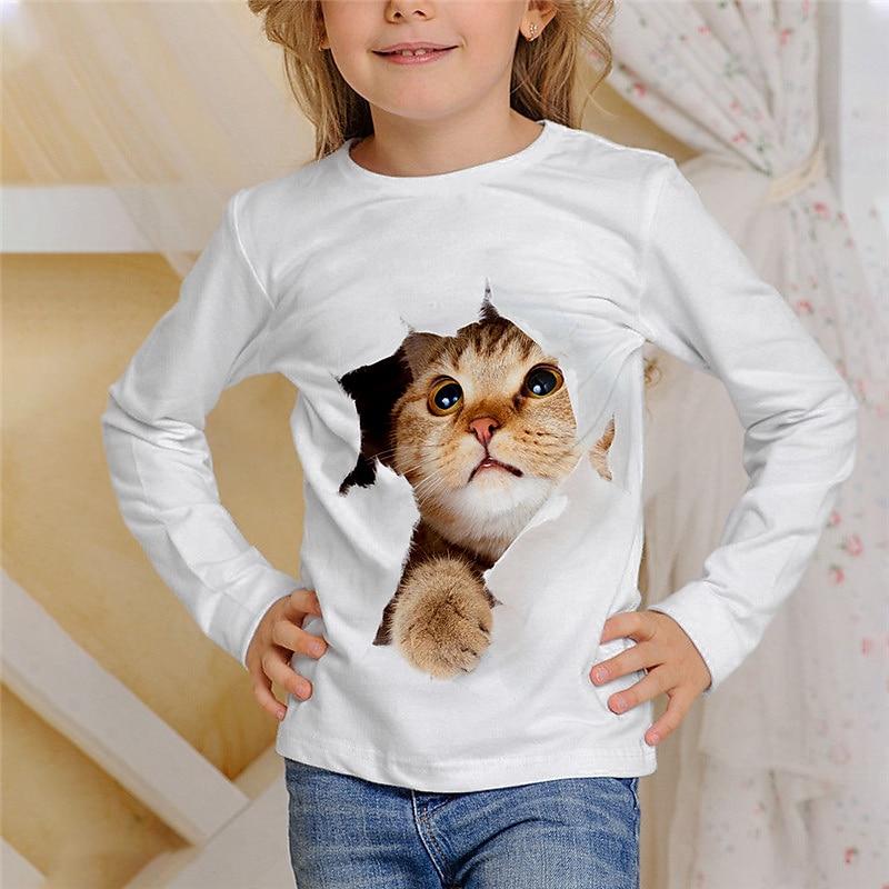 Cute Cat Pattern Children's 3D Digital Printed Girls' Fashionable and Comfortable Round Neck Long Sleeved T-shirt