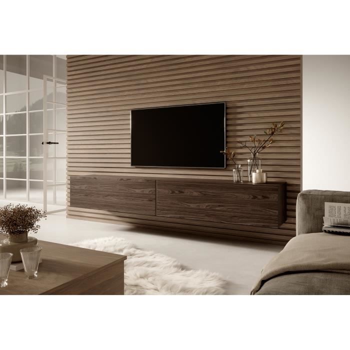 Meuble TV - SELSEY - BISIRA - Noyer Wisconsin - 200 x 31,6 x 30 cm - 2 étagères