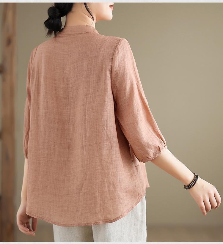 Dámská retro vyšívaná košile z bavlny a lnu se žabkovými knoflíky a stojáčkem