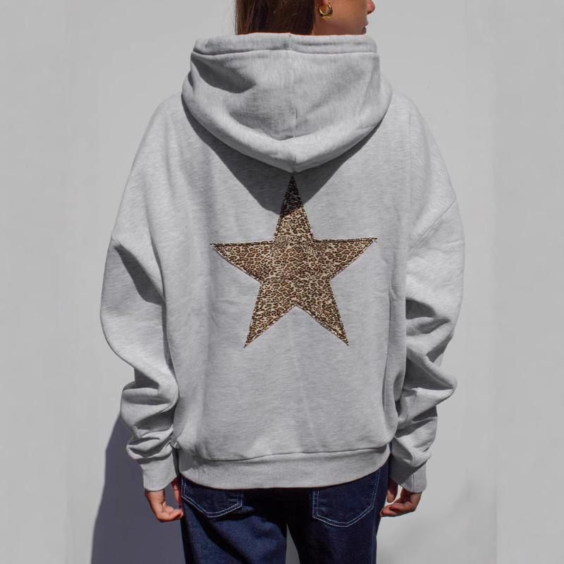 Street Personality Leopard Print Pentagram Print Fashionable Pullover Drawstring Sports Style Hip-hop Casual Hoodie for Men and Women