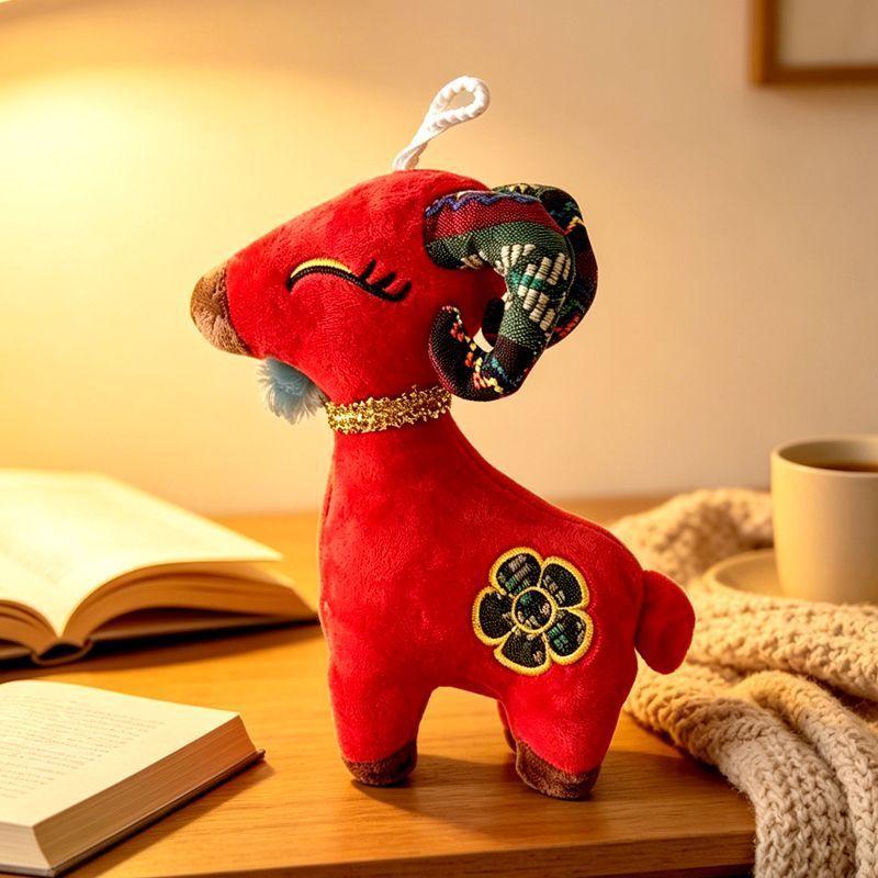 Cute Chinese Style Goat Plush Toy Red Lucky Sheep Mascot Stuffed Animal With Ethnic Embroidery For Home Decoration New Year Gift