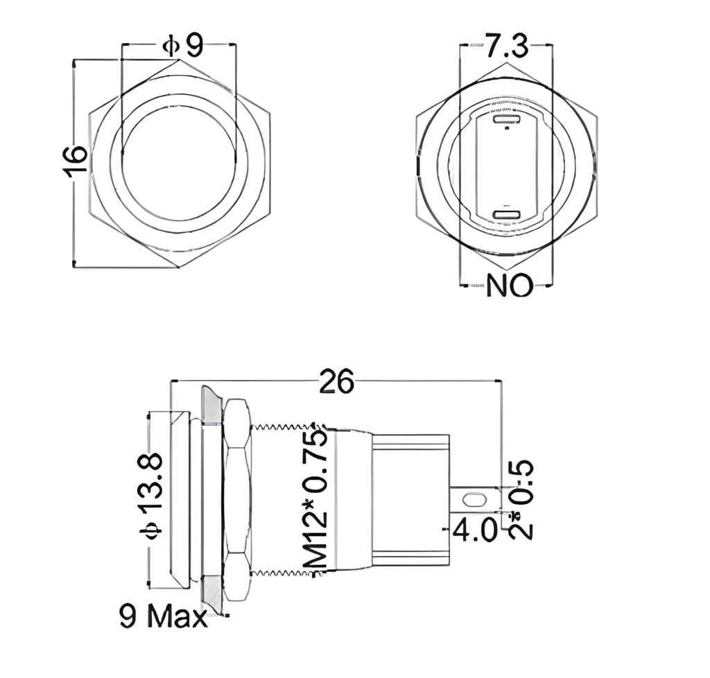 Włącznik On/Off, Przycisk Zatrzaskowy 12Mm Czarny