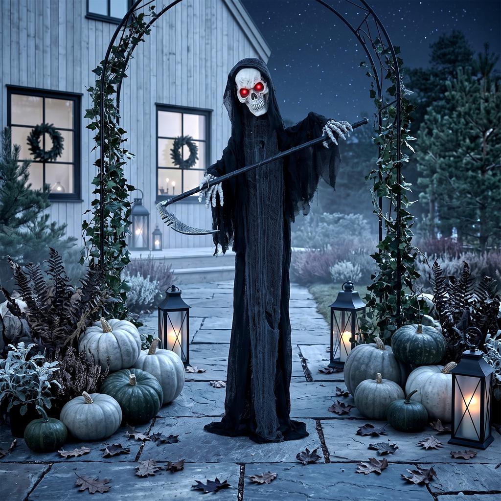 183cm Life Size Animated Grim Reaper Halloween Decoration, Scary Halloween Animatronics Decor with Sound Touch Activated