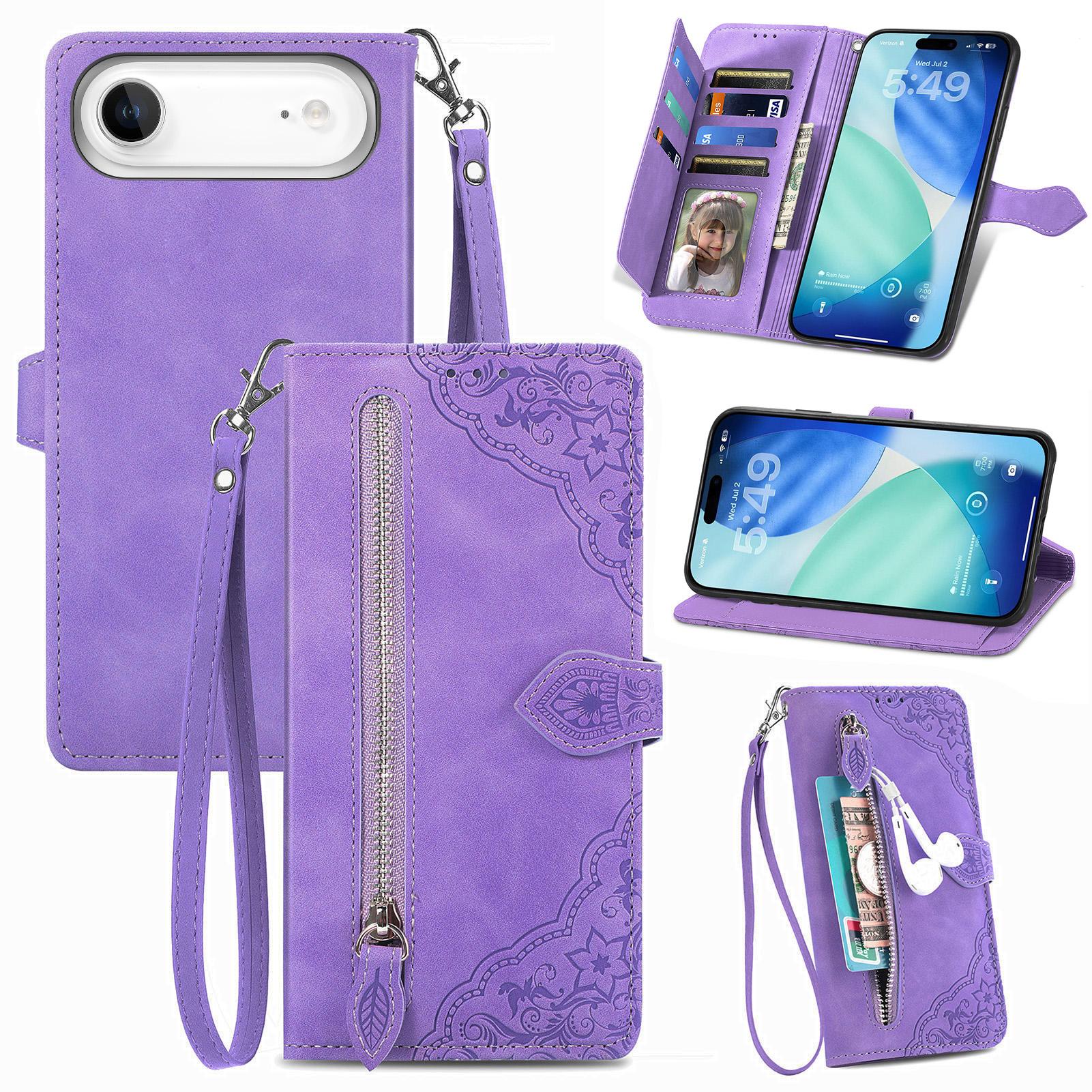 

For iPhone Air Zipper Wallet Case with Strap Flower Imprint PU Leather Phone Cover