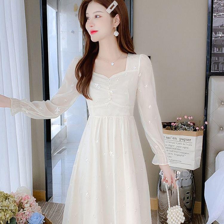 

Шифоновое платье длиной до чая с длинными рукавами - Женская весна 2025 Французский стиль L 105-115 lbs абрикосовый