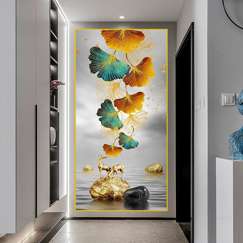 New Chinese Golden Deer Rich Tree Canvas Painting Wall Art Luxury Gold Flowers Posters Prints for Corridor Interior Decor Quadro