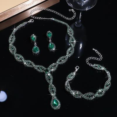 Ensemble Collier Boucles d'oreilles Bracelet Émeraude Strass de Luxe Magnifique
