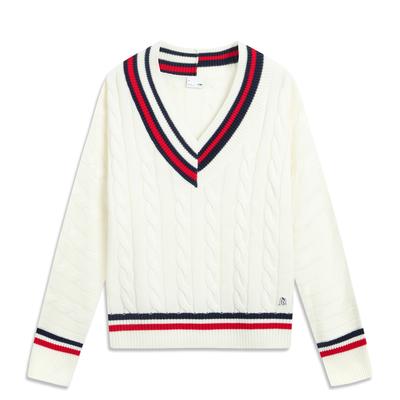 Li Ning Sports Lifestyle Series V-Neck Striped Soft Comfortable Breathable Long Sleeve Knit Top Women Tops Off-White AMBV406-2