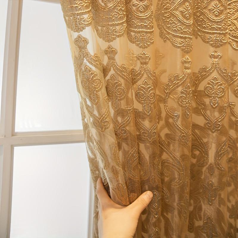 1PC Golden Elegant Jacquard Sheer Curtain with Grommet Top - Perfect for Bedroom, Living Room & Home Decor