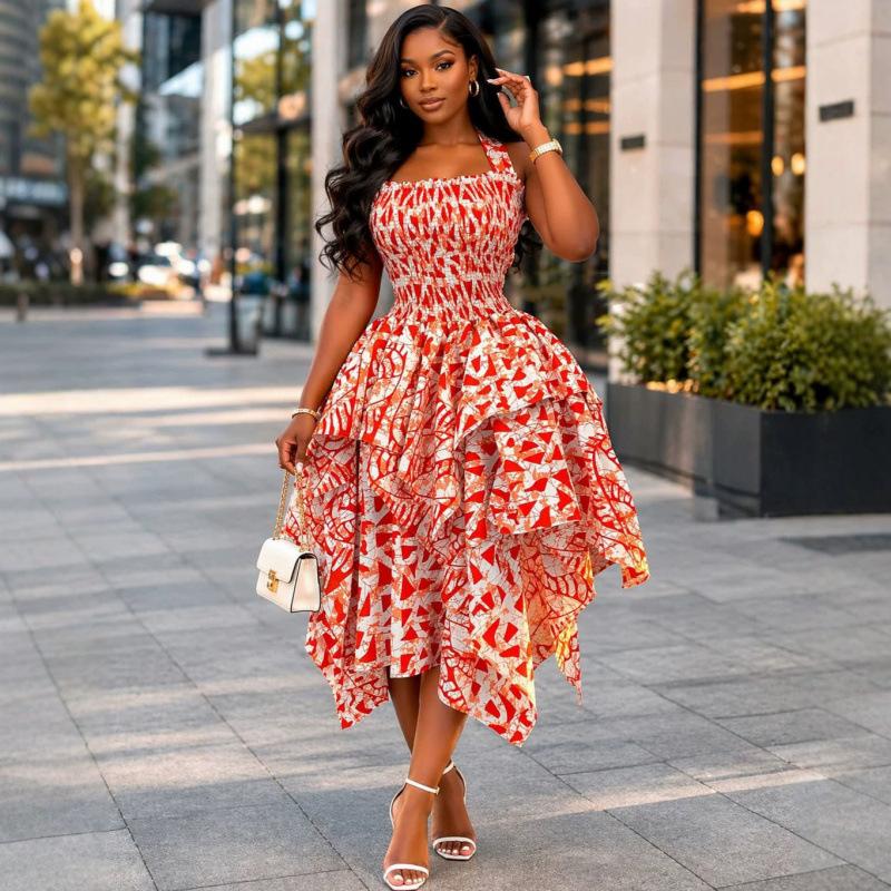 European and American Style Temperament New Women's Clothing Sexy Neck Pleated Printed Dress African Fashion Irregular Long Dress Women