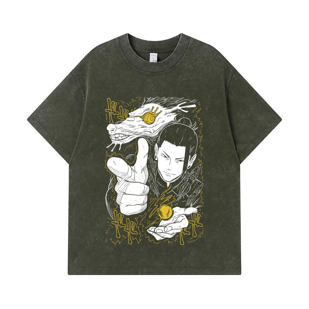 275 GSM Washed T-shirts 100 Cotton Jujutsu Kaisen V11 Geto Print Unisex Heavy Cotton T Shirt S армия зеленый 2190₽