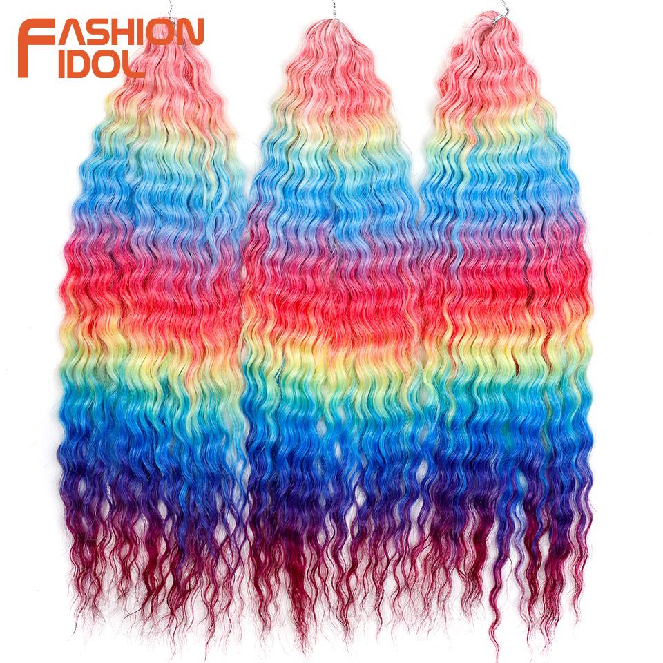 FASHION IDOL Ariel Twist Crochet Hair Synthetic 22 Inch 3 PCS Water Wave Hair Extensions Ombre Rainbow Color Braid Curly Hair
