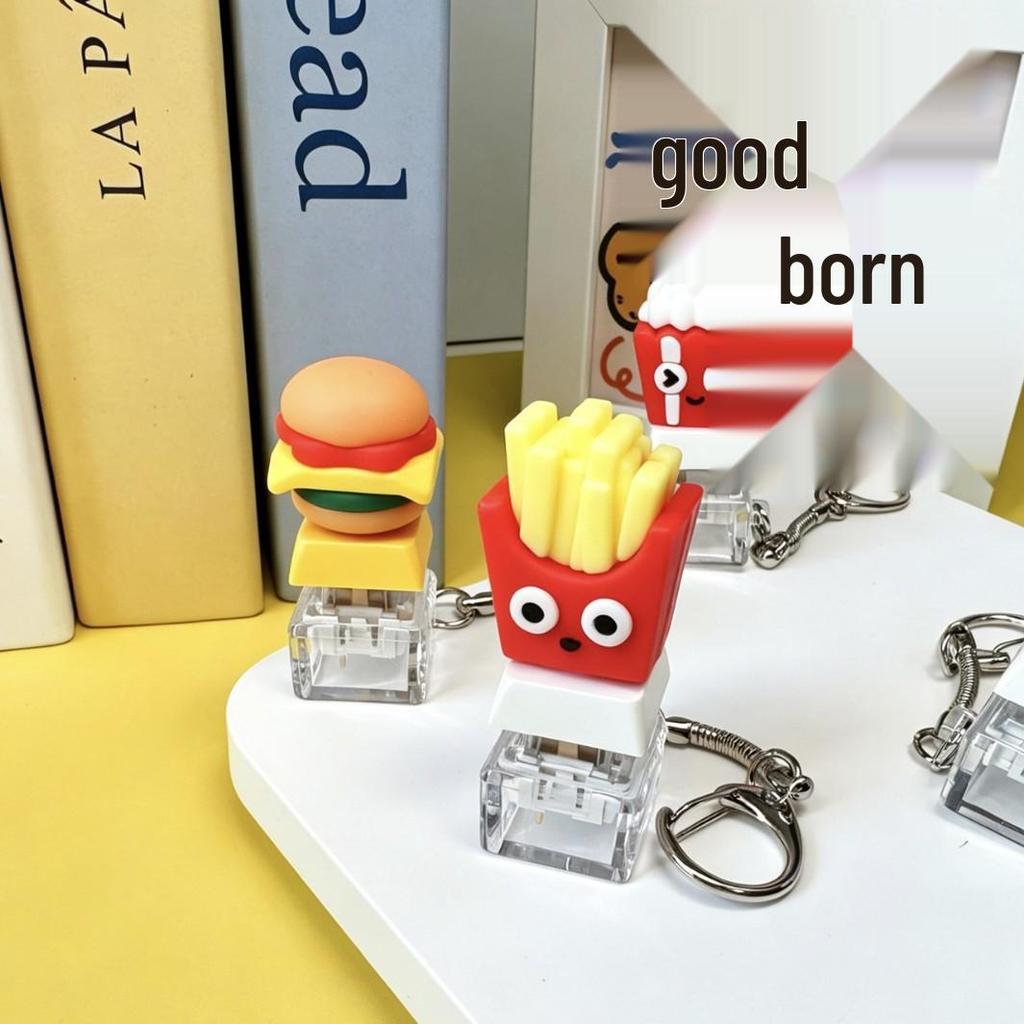 Luminous Mechanical Keyboard Keychain with Decompression Burger Button Pendant