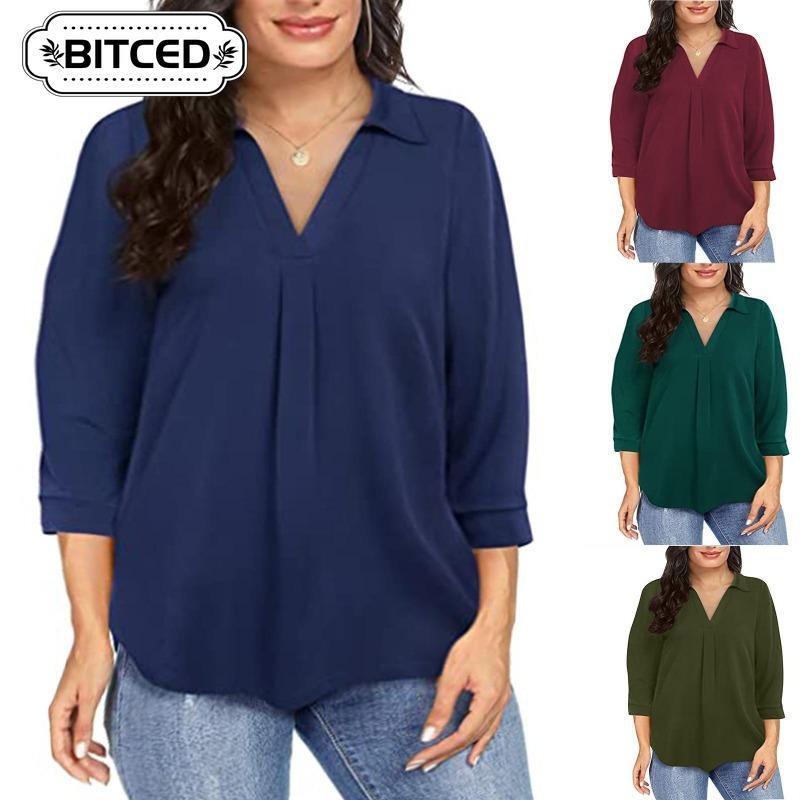 BITCED Damenmode, lässig, einfarbig, langärmelig, V-Ausschnitt, Blusen und Hemden