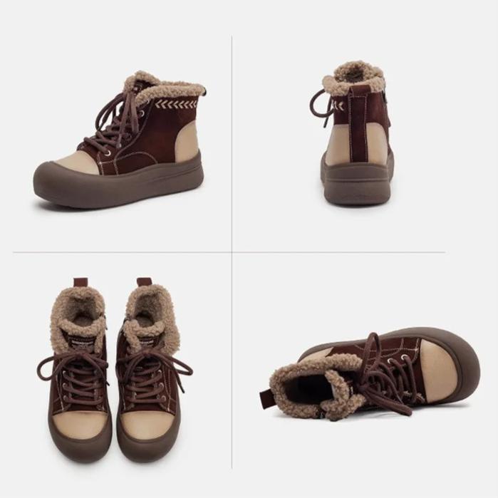 Johnature Retro Mixed Colors Plush Warm Short Boots Genuine Leather Thick Soled Women's Shoes