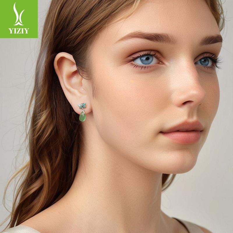 Small Fresh Green Butterfly Stud Earrings Female Smart Natural Wind S925 Sterling Silver Stud Earrings
