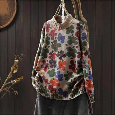 Chinese Style Flowers Print Mock Neck Loose Vintage Casual Sweater Woman Winter Fashion Long Sleeves Sweater
