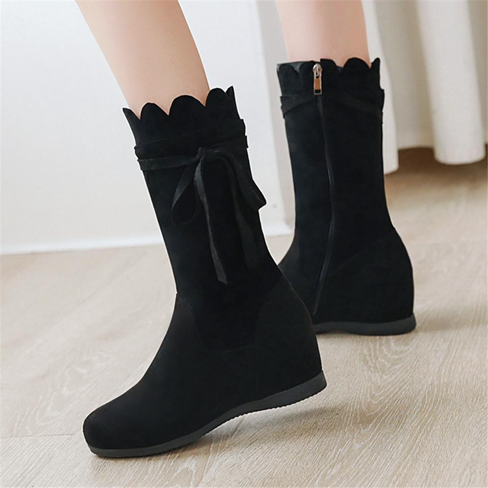 Fashion Women Winter New Versatile Boots Mid Calf Low Heeled Zip Boots Chunky Heel Bow Boots Sweet Girls Botas Mujer Black Apricot