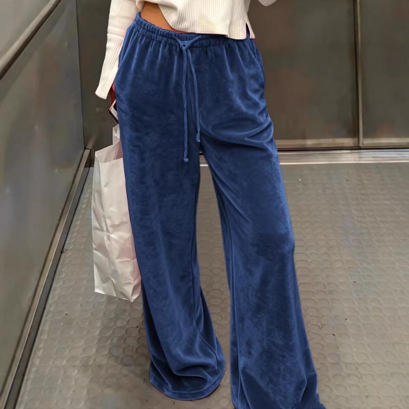 Damen Samt Freizeit Hose mit weitem Bein Kordelzug Taille Lounge Hose