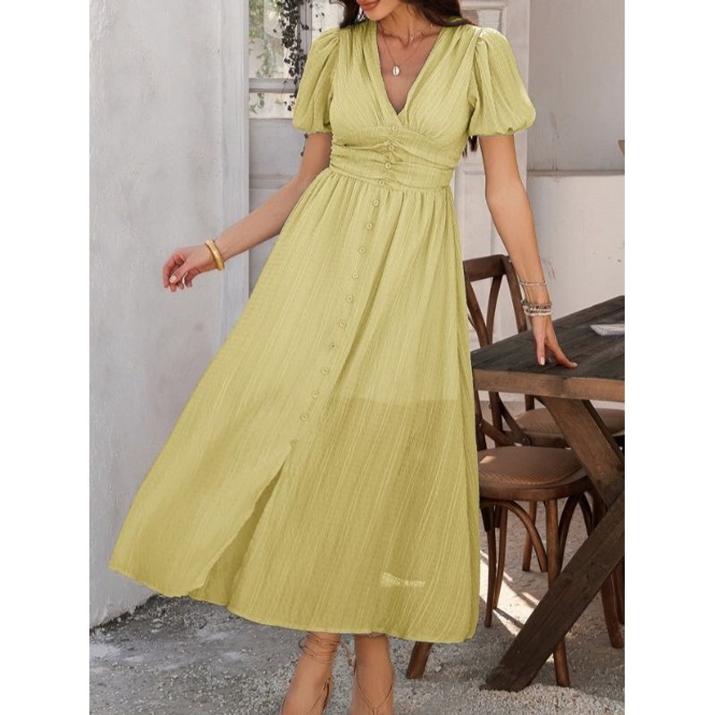 Bohemian Seaside Style Long dress European and American Summer V-neck Single-Breasted Waist Hugging Shoulder Bubble Short sleeve Dress Women
