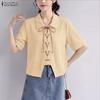 ZANZEA Women Casual Turn Down Collar Lace-up Loose Short Sleeve Blouse