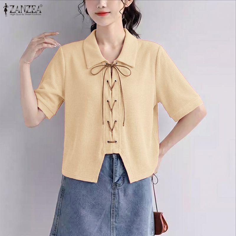 ZANZEA Women Casual Turn Down Collar Lace-up Loose Short Sleeve Blouse