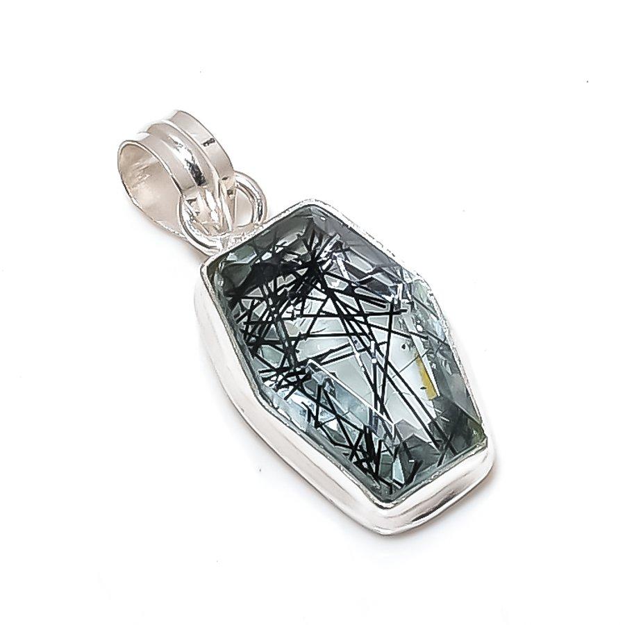 Natural Black Rutile Gemstone 925 Sterling Silver Jewelry Pendant 1.38" e2O80