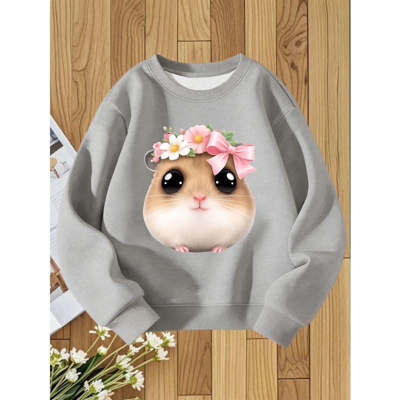 European Size Floral Wreath Hamster Cartoon Print unisex Crew Neck Sweatshirt, Autumn and Winter Soft and Cute Style, Perfect Gift for Girls