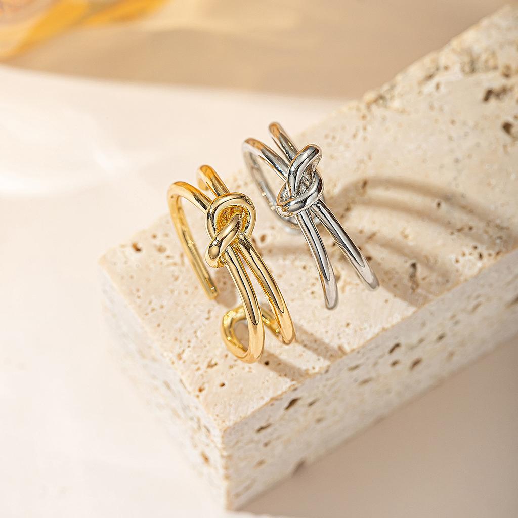 Knot Open Ring for Women Gold Silver Plated Adjustable Double Layer Finger Ring Minimalist Fashion Jewelry