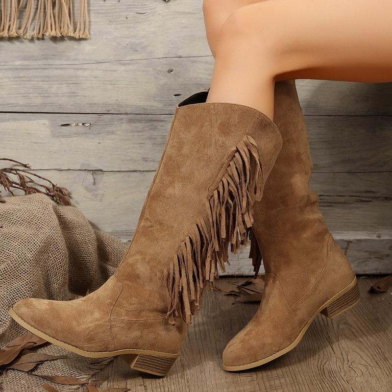 Plus Size Women's New Arrival Suede Knee-High Fringe Boots Pointed Toe Low Heel Versatile Long Boots Rider Boots
