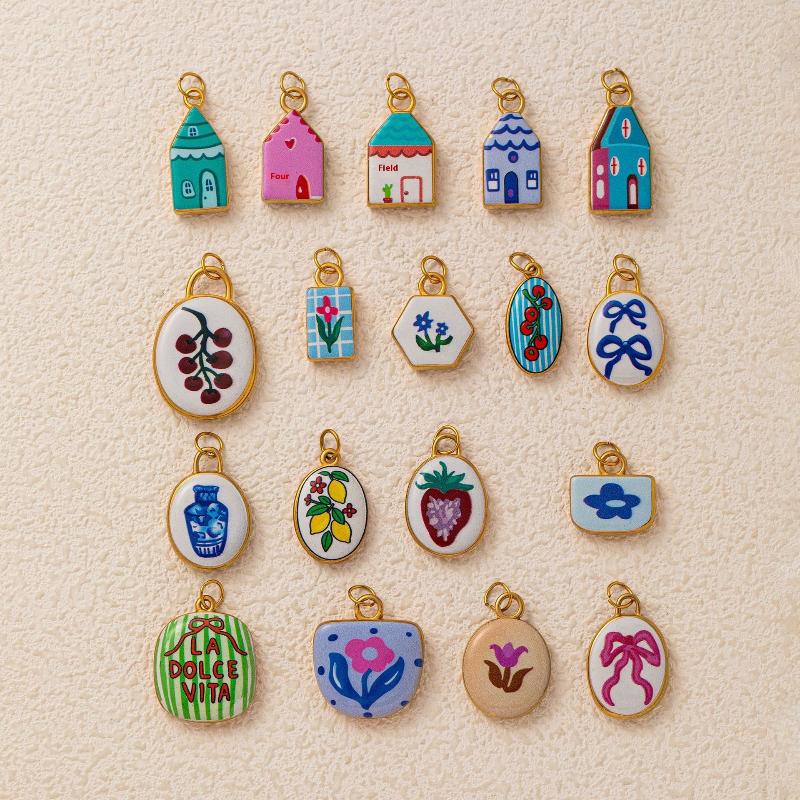 Fashion Oval Painted Oil Drop Pendant Cute Flower House Printing Charm For Jewelry Making Necklace Earring Hanging Accessories