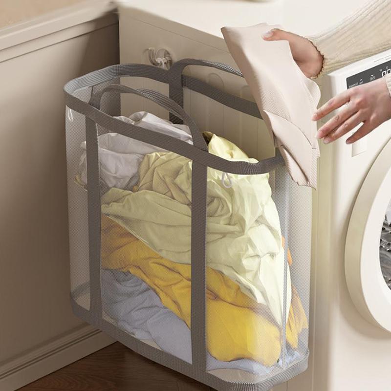 Nylon Mesh Laundry Basket With Handle Breathable Folding Portable Dirty Clothes Organizer Bags Large Capacity Toys Storage Bag