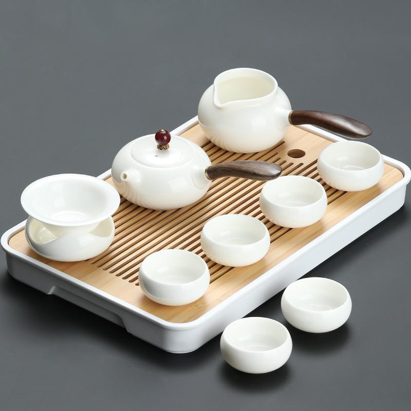 Goat Jade White Porcelain Kung Fu Tea Set Home Brewing Teapot Covered Bowl Chinese Light Luxury Brewing Tea Cup Office Guests