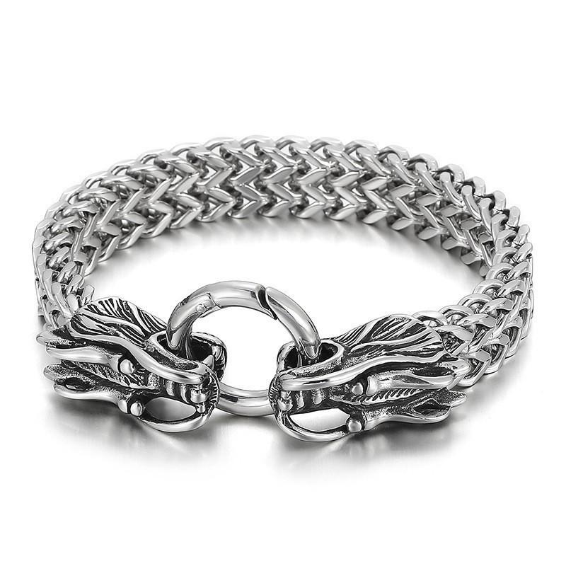 Viking Wolf Head Bracelet for Men Stainless Steel Chain Link Retro Handmade Jewelry Gift