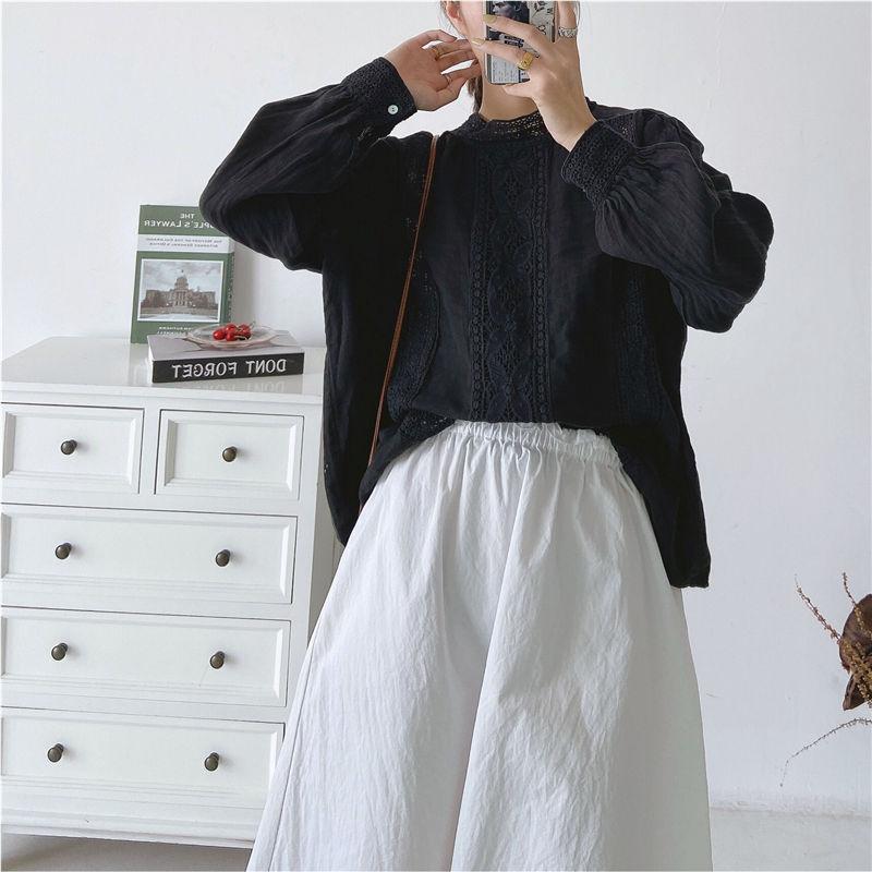 Johnature Koreanische Leinen Frauen Tops Blusen Herbst Vintage Aushöhlen Lose Einfarbig Weibliche Shirts